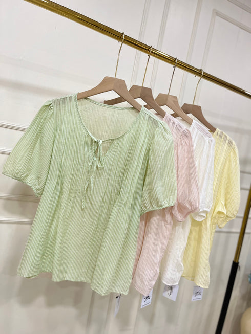 Round Neck Puff Sleeves Transparent Tops